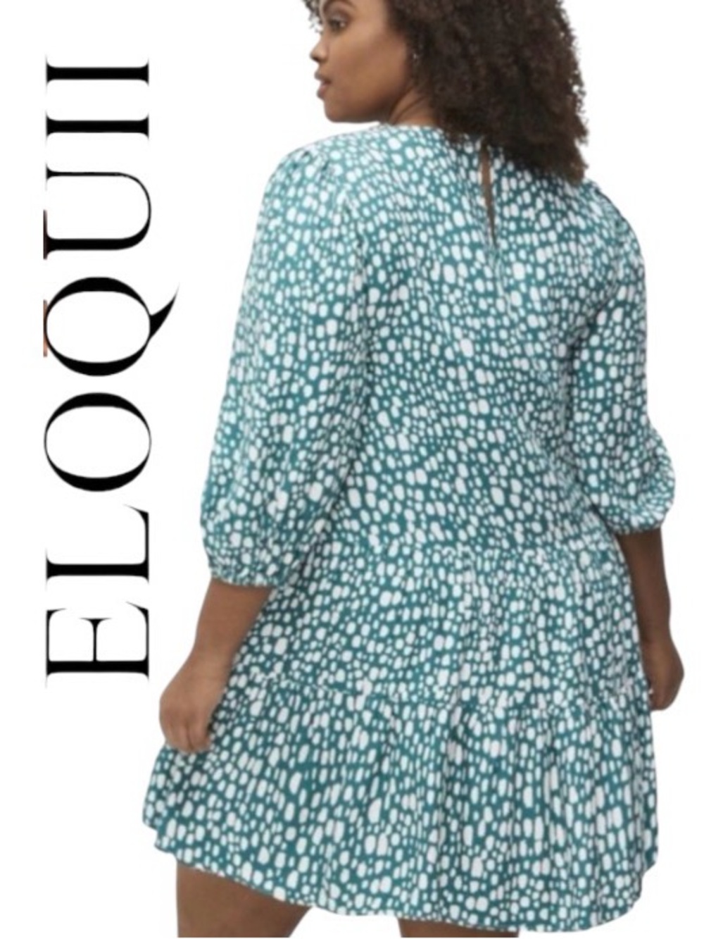 28W Eloquii “Shower of Hail” Balloon Sleeve Swingy Dress with Double Tier Hem